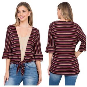 Miley +Molly Multi Stripe Bell Sleeve Tie Front Top S/M/L